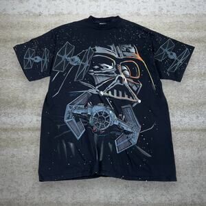 Vintage 90s Darth Vader Shirt Mens XL  Jet Black All Over Print Cotton Tultex